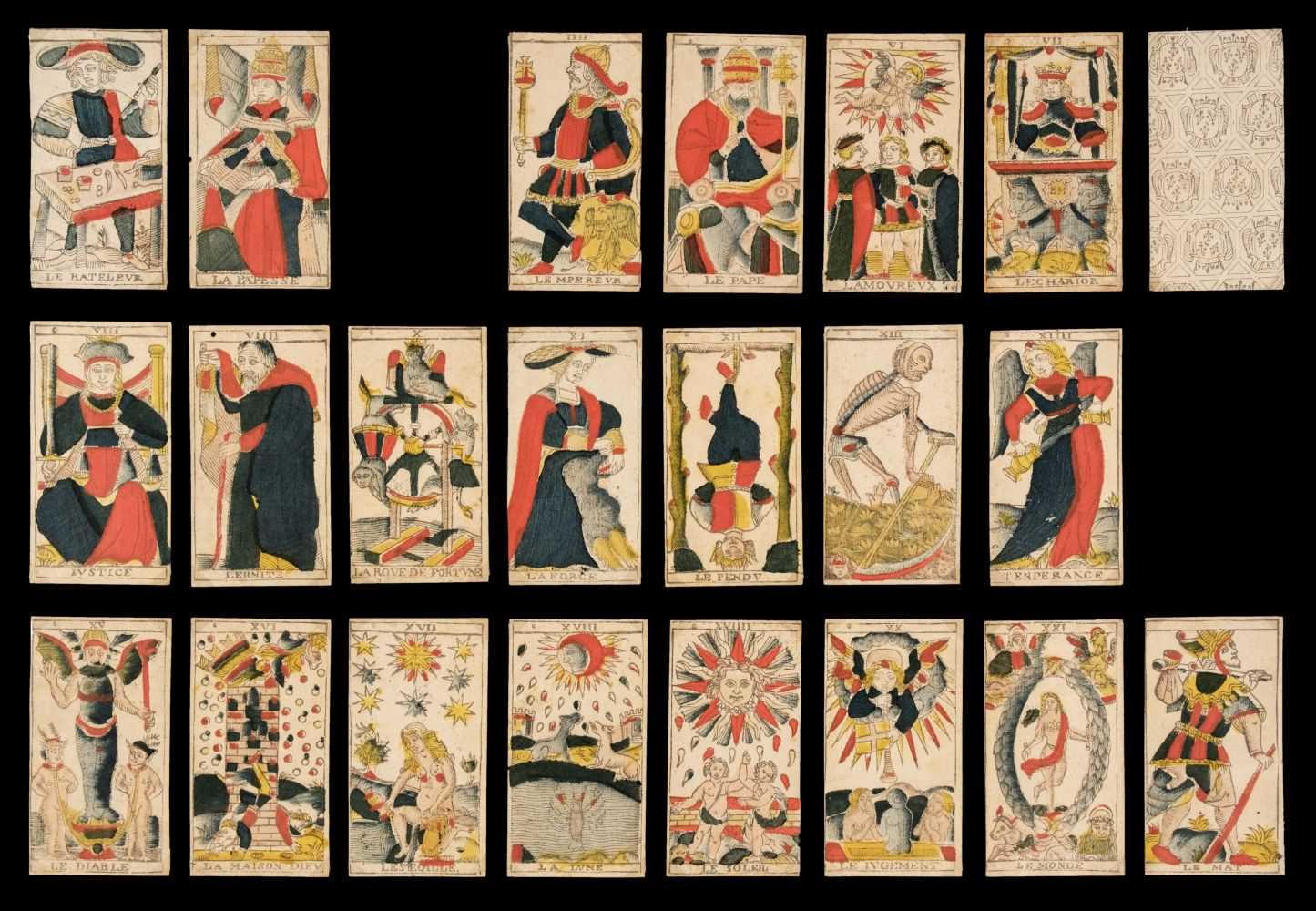 Les 22 atouts du Tarot de Marseille, gravure sur bois coloriée