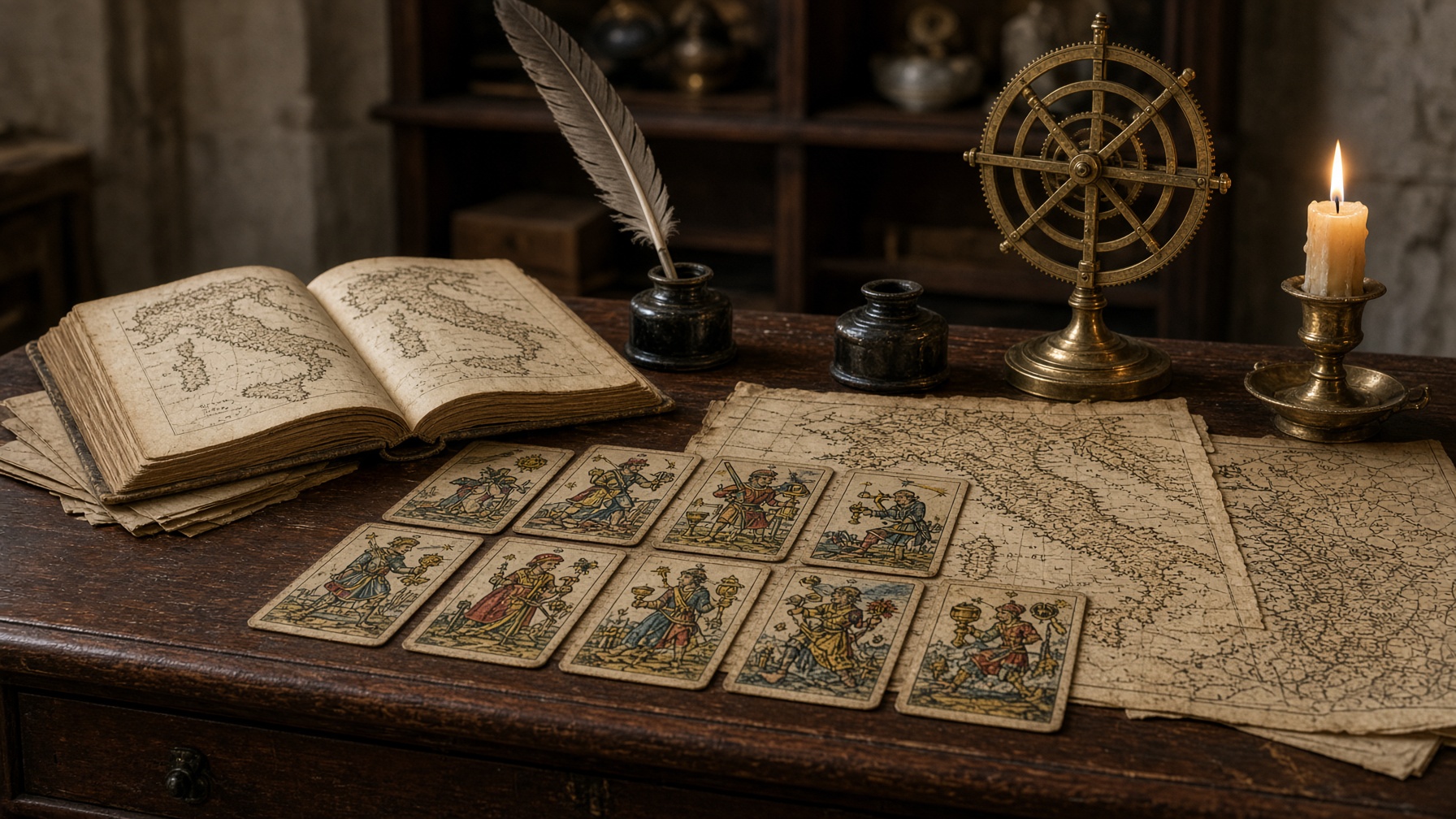 Bureau de savant du XVIIIᵉ siècle, cartes et livres ouverts